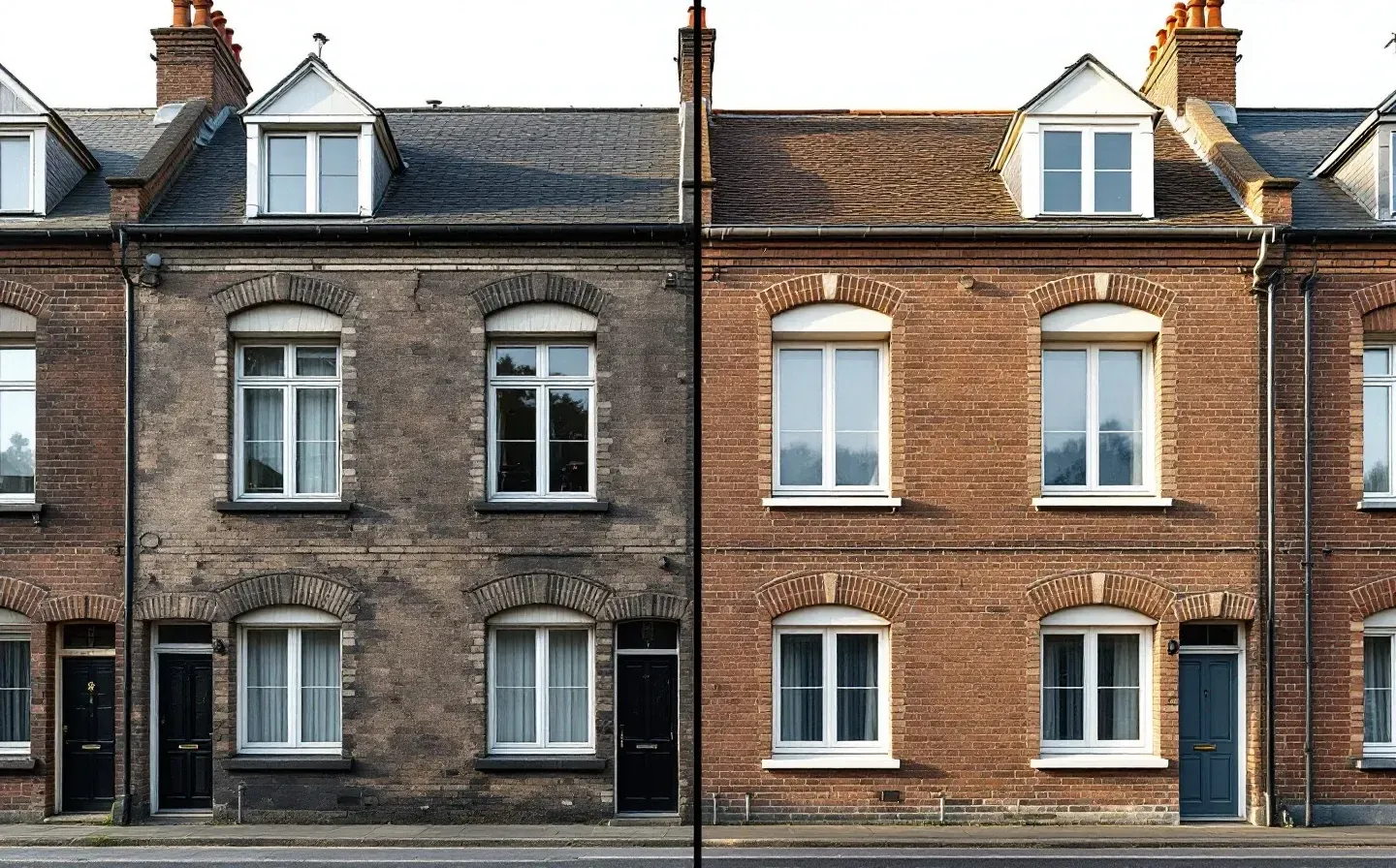 Maison de ville en brique — façade avant et après nettoyage & rejointoiement