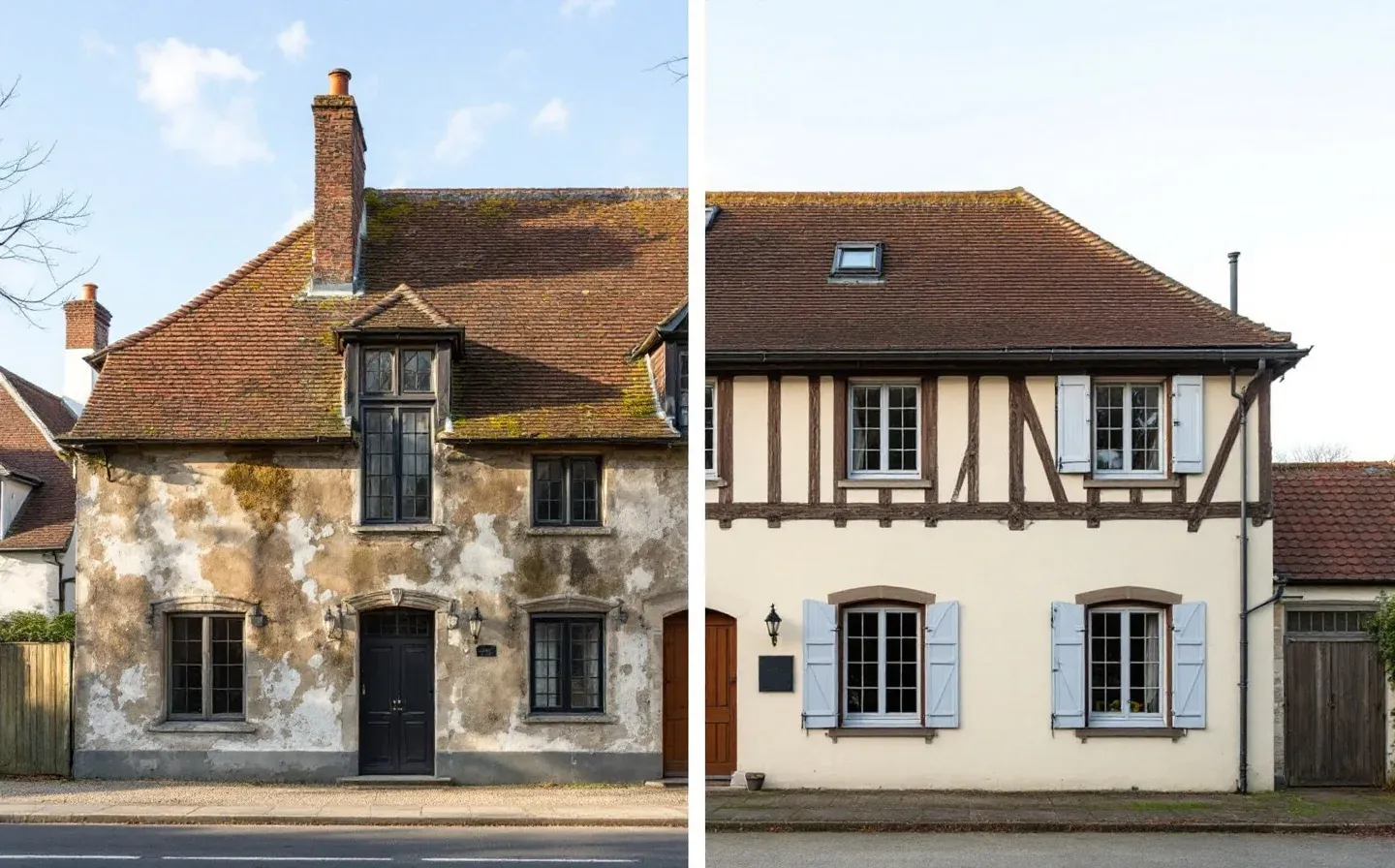 Longère normande — façade avant et après rénovation à la chaux