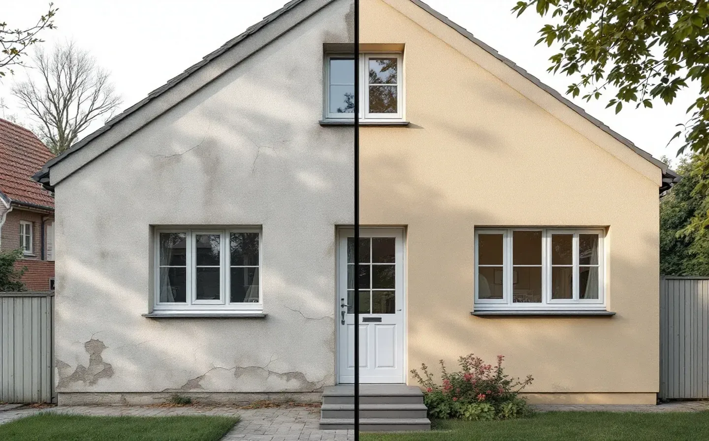Pavillon contemporain — façade avant et après enduit & peinture
